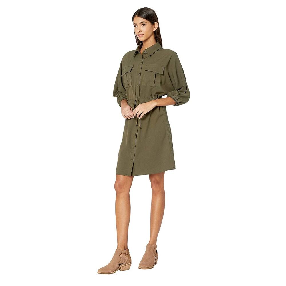 Bishop + Young Safari Olive Green Puff Sleeve Button Up Midi Dress - Small NWT - Picture 12 of 12